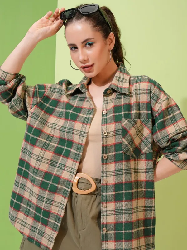 Tokyo Talkies Women Beige Checked Oversized Fit Casual Shirt