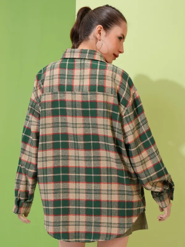 Tokyo Talkies Women Beige Checked Oversized Fit Casual Shirt