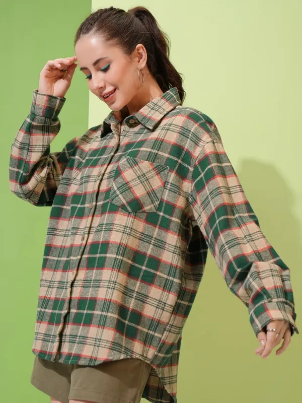 Tokyo Talkies Women Beige Checked Oversized Fit Casual Shirt