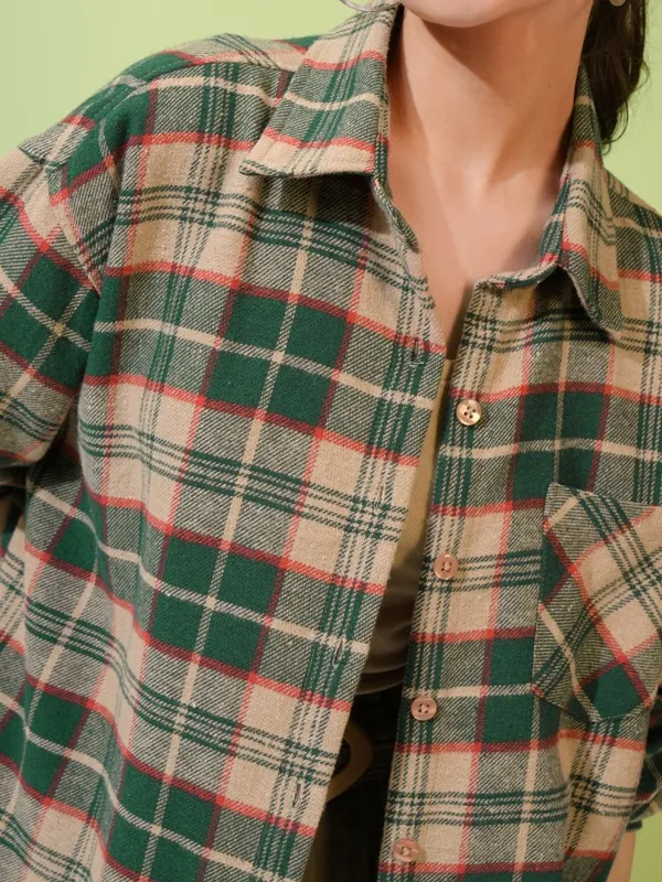 Tokyo Talkies Women Beige Checked Oversized Fit Casual Shirt