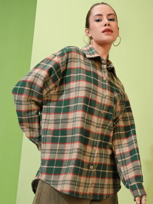 Tokyo Talkies Women Beige Checked Oversized Fit Casual Shirt