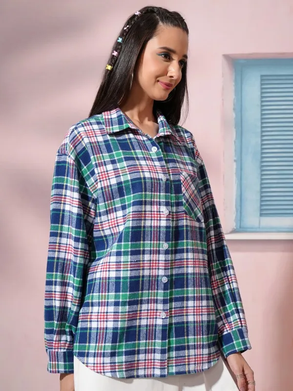 Tokyo Talkies Women White Checked Oversized Fit Casual Shirt
