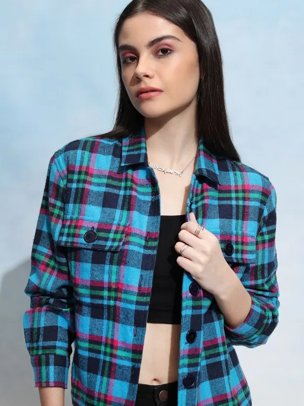Tokyo Talkies Women Navy Blue Checked Casual Shirt