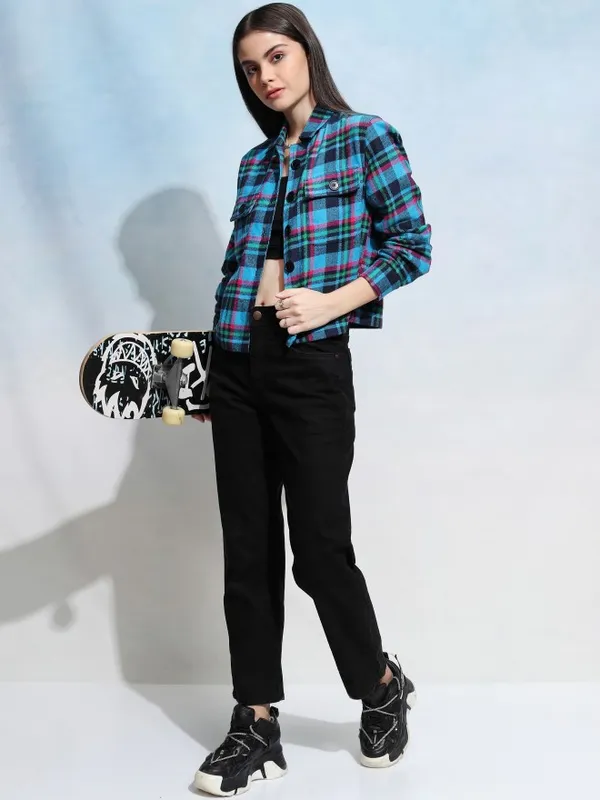 Tokyo Talkies Women Navy Blue Checked Casual Shirt