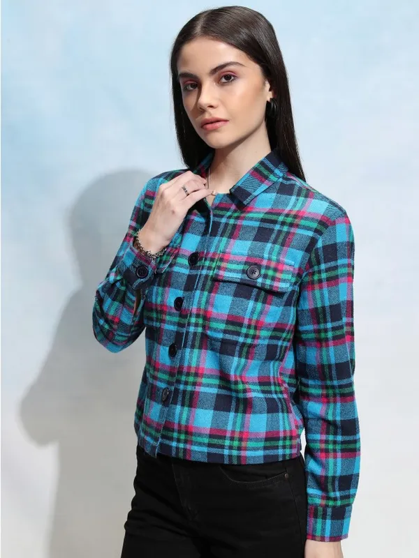 Tokyo Talkies Women Navy Blue Checked Casual Shirt