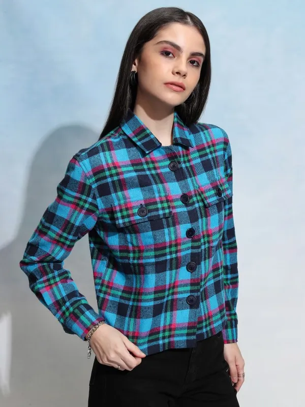 Tokyo Talkies Women Navy Blue Checked Casual Shirt