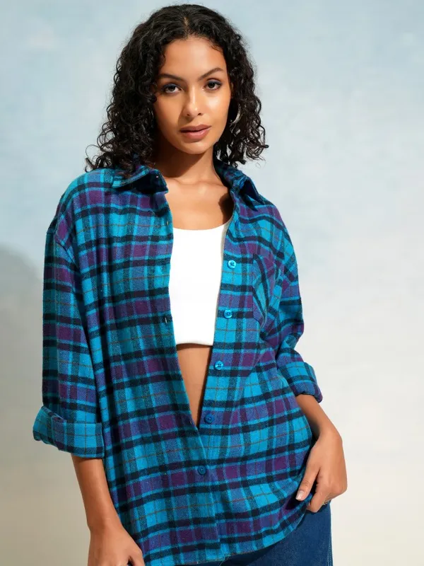 Tokyo Talkies Women Blue Checked Oversized Fit Casual Shirt
