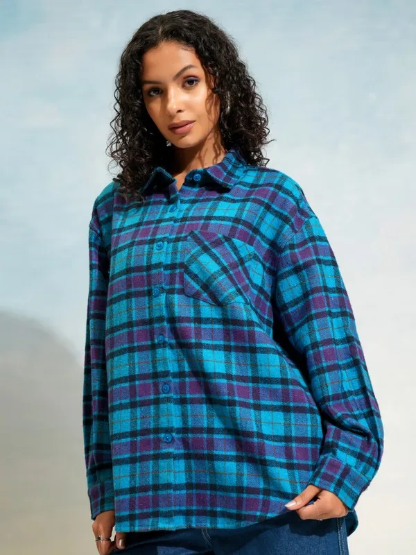 Tokyo Talkies Women Blue Checked Oversized Fit Casual Shirt