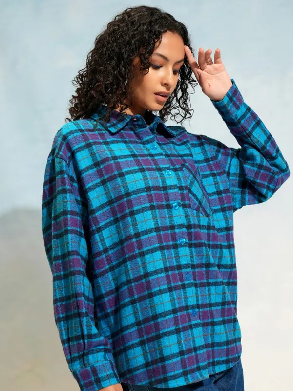 Tokyo Talkies Women Blue Checked Oversized Fit Casual Shirt