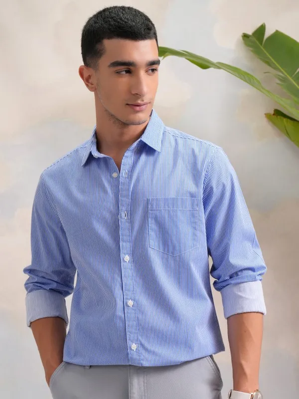 Highlander Men Blue Striped Slim Fit Casual Shirt