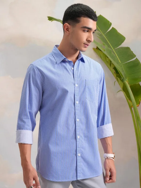 Highlander Men Blue Striped Slim Fit Casual Shirt