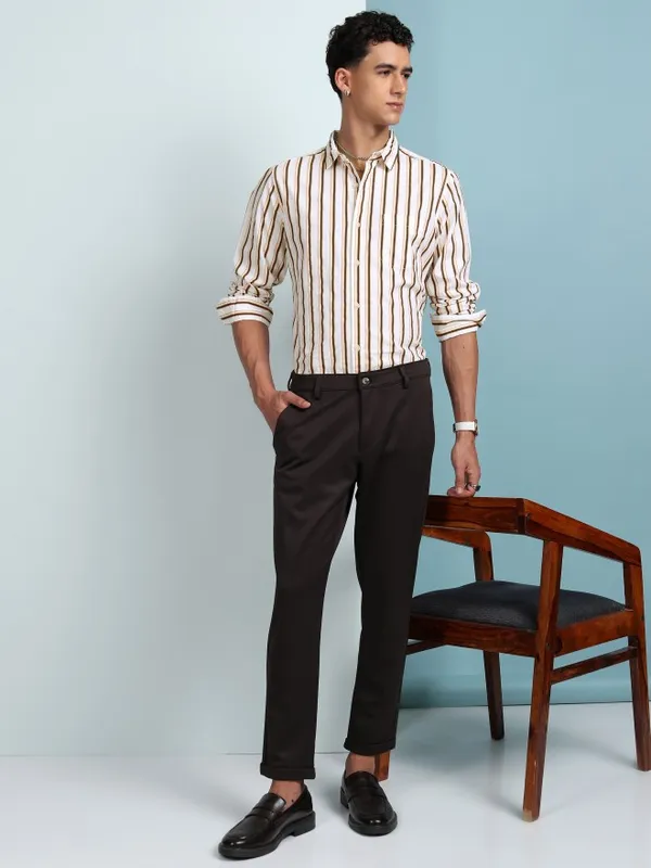 Highlander Men White Striped Slim Fit Casual Shirt
