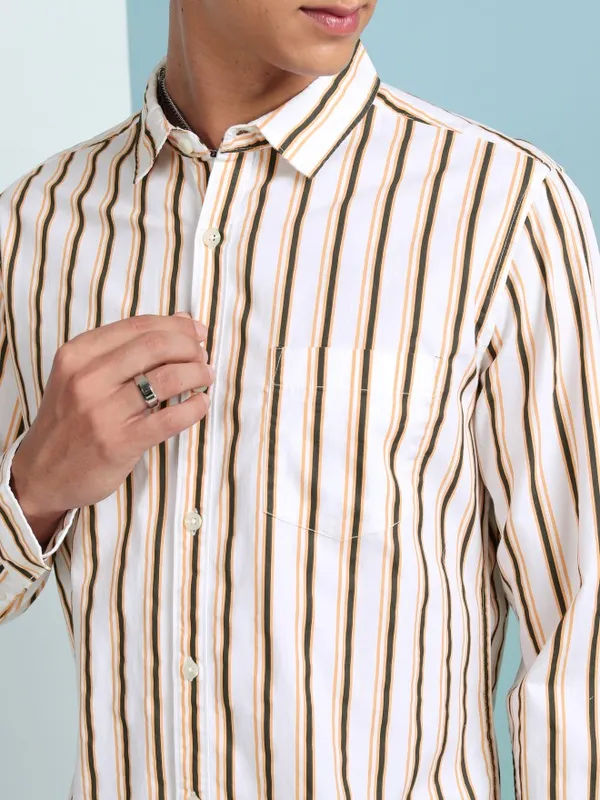 Highlander Men White Striped Slim Fit Casual Shirt