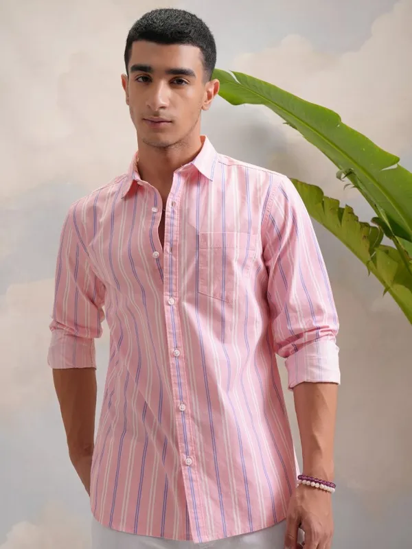  Highlander Men Pink Striped Slim Fit Casual Shirts