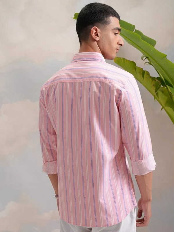  Highlander Men Pink Striped Slim Fit Casual Shirts