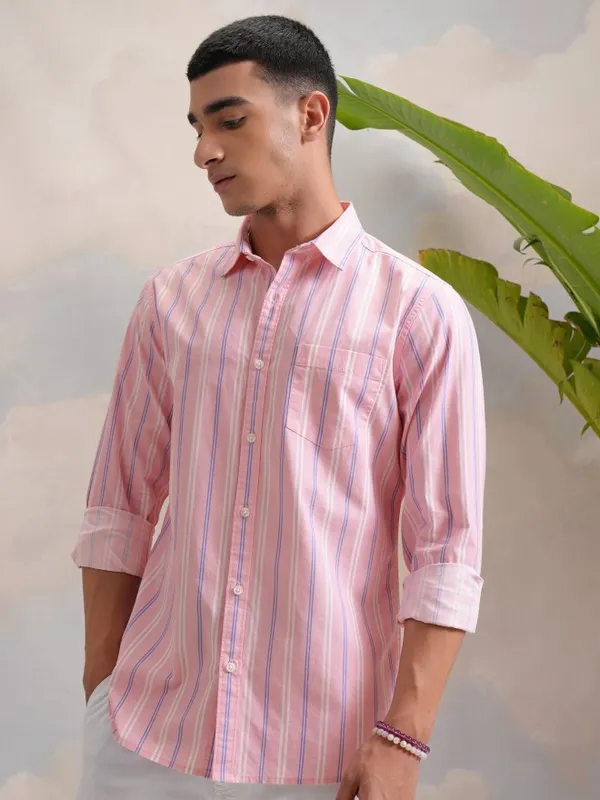  Highlander Men Pink Striped Slim Fit Casual Shirts