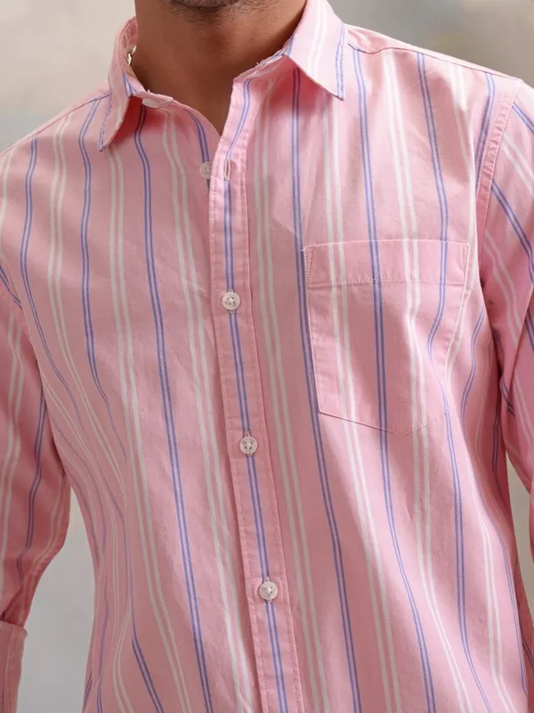  Highlander Men Pink Striped Slim Fit Casual Shirts