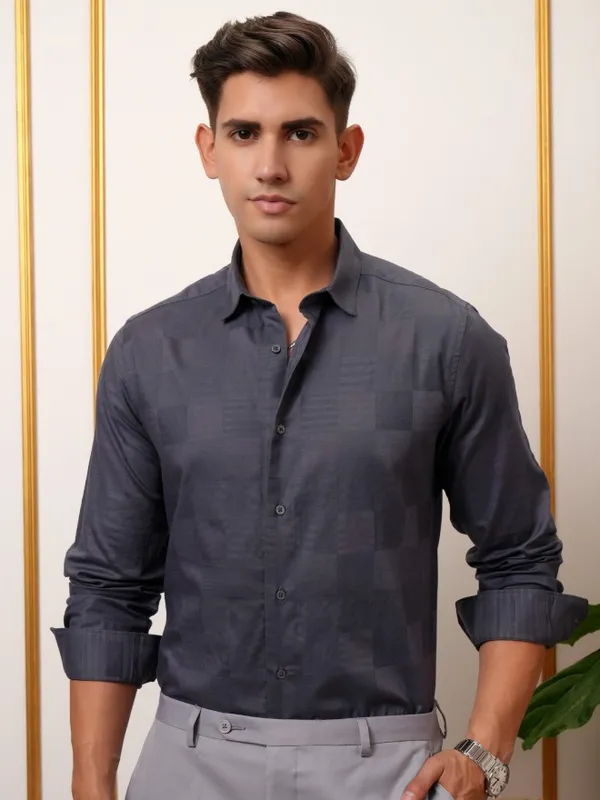 Locomotive Men Grey Self Design Slim Fit Casual Shirts