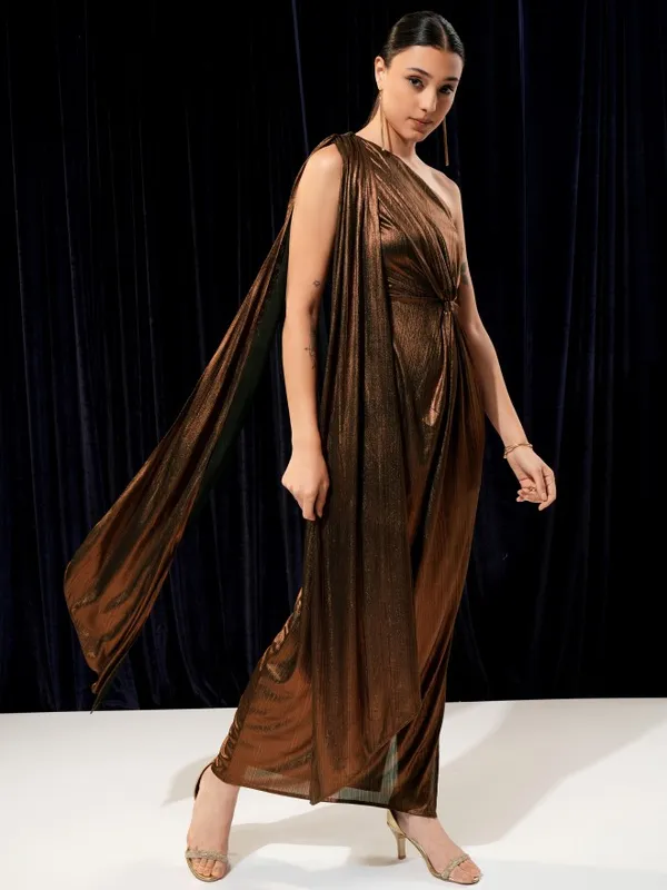 Tokyo Talkies Women Copper Solid Metallic Sheen Drapped Maxi Dress