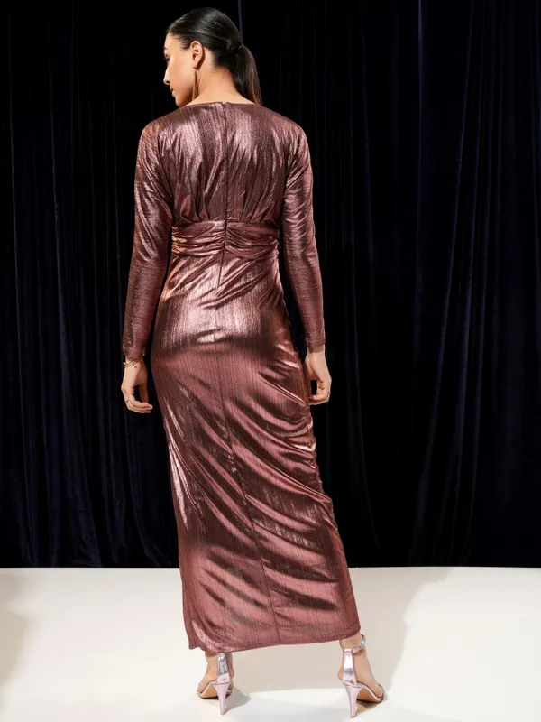 Tokyo Talkies Women Rose Gold Solid Metallic Sheen Wrap Maxi Dress