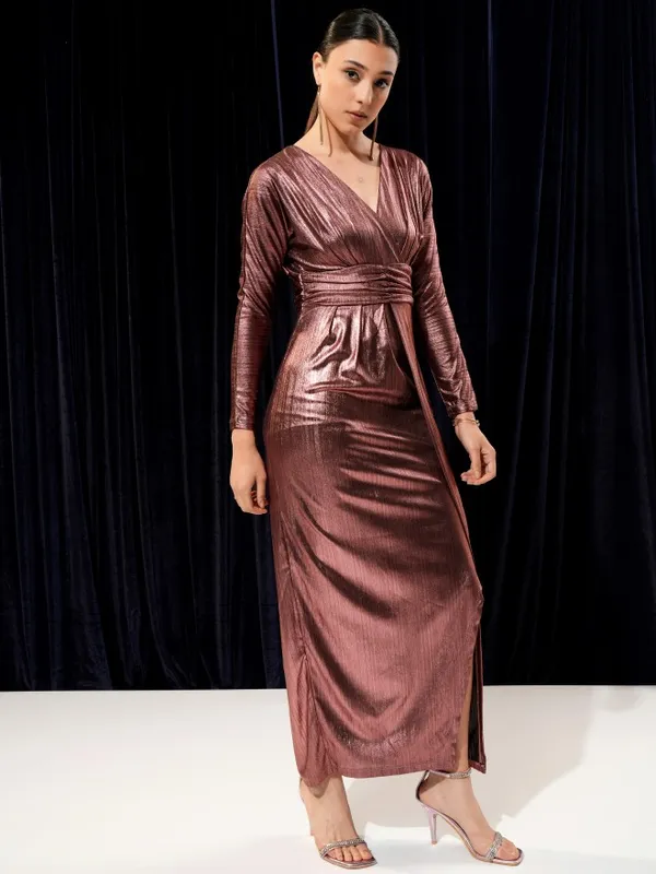 Tokyo Talkies Women Rose Gold Solid Metallic Sheen Wrap Maxi Dress