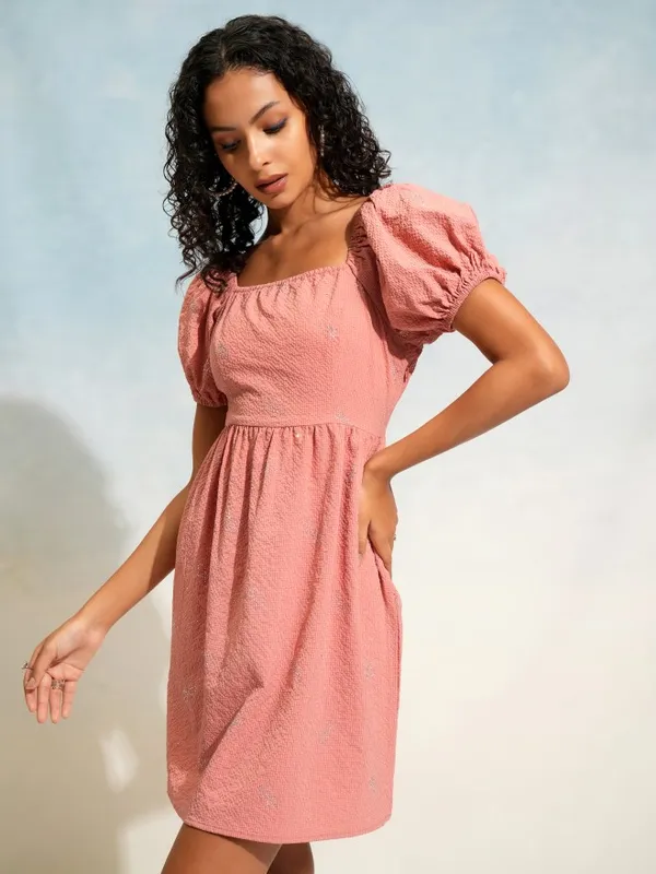 Tokyo Talkies Women Terracotta Self Design Fit and Flare Dress