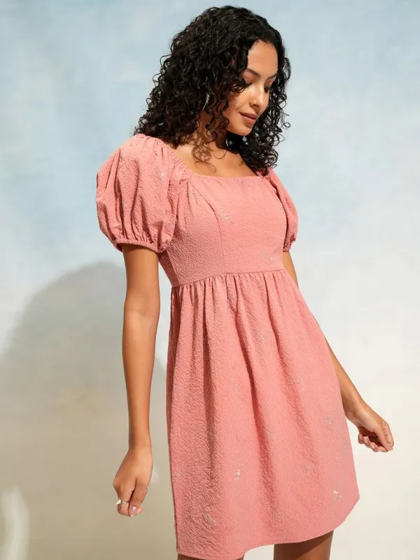 Tokyo Talkies Women Terracotta Self Design Fit and Flare Dress