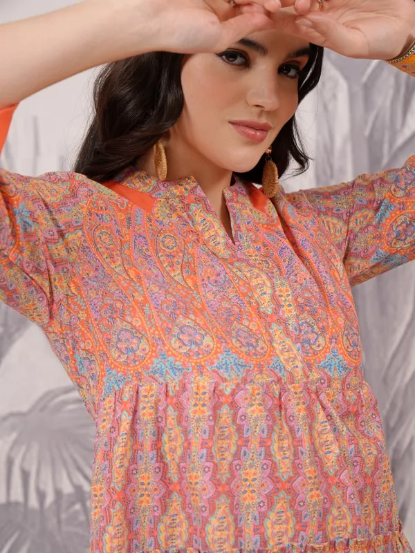  Vishudh Women Orange Printed A-Line Dresses
