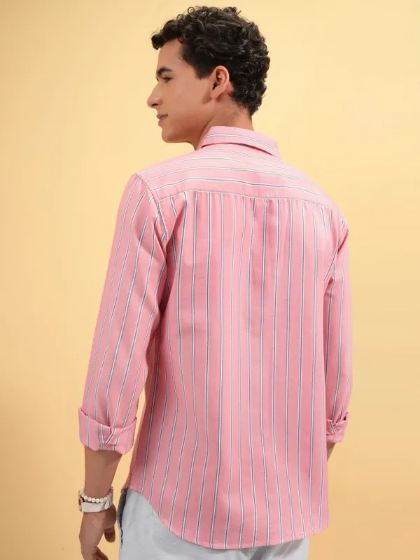  Highlander Men Pink Striped Slim Fit Casual Shirts