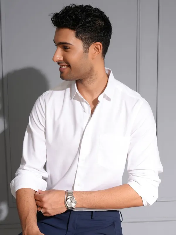 Locomotive Men Premium White Solid Occasion Shirt