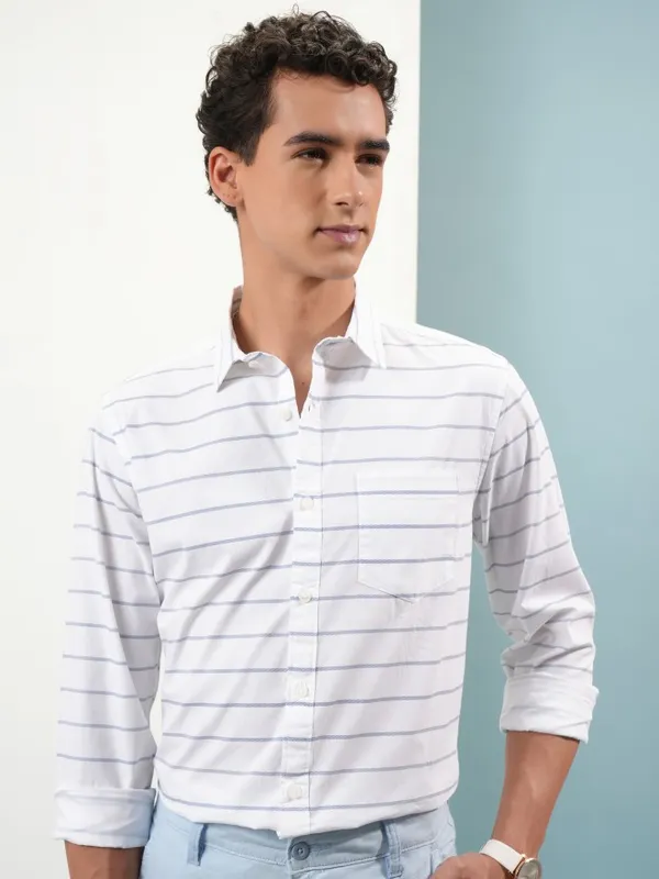  Highlander Men White Striped Slim Fit Casual Shirts