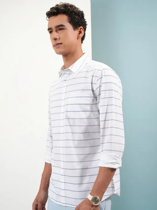  Highlander Men White Striped Slim Fit Casual Shirts