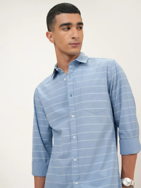  Highlander Men Blue Striped Slim Fit Casual Shirts