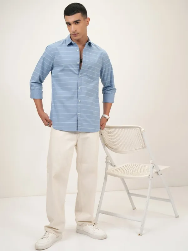  Highlander Men Blue Striped Slim Fit Casual Shirts