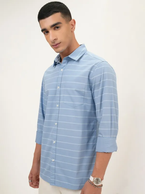  Highlander Men Blue Striped Slim Fit Casual Shirts