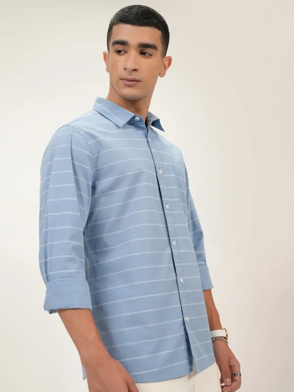  Highlander Men Blue Striped Slim Fit Casual Shirts