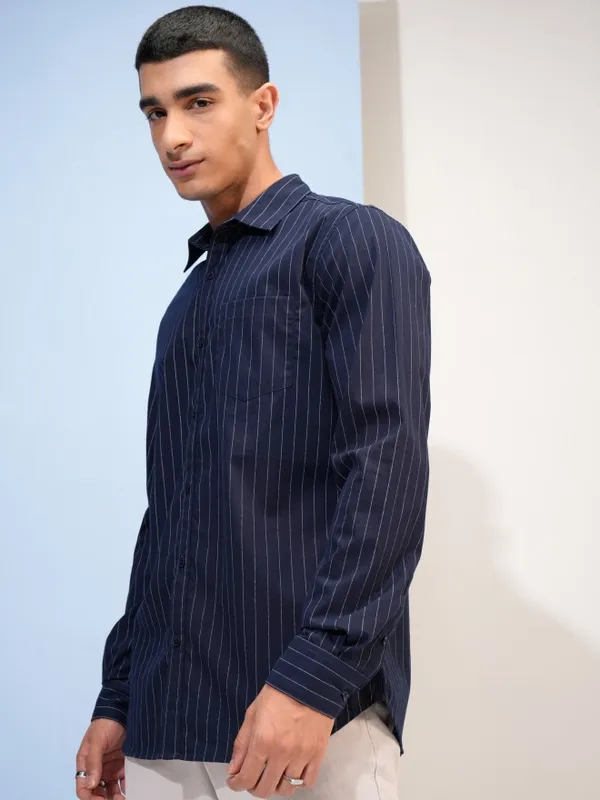  Highlander Men Navy Blue Striped Slim Fit Casual Shirts