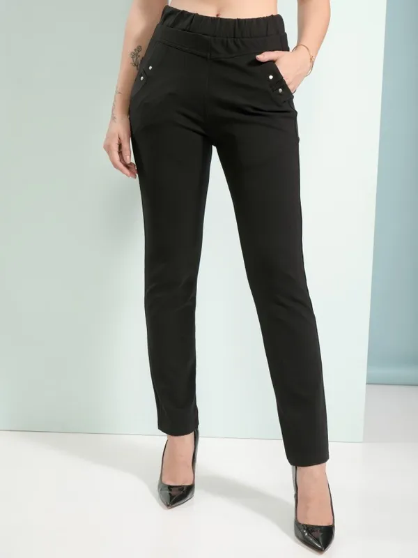  Tokyo Talkies Women Black Solid Skinny Fit Casual Trousers