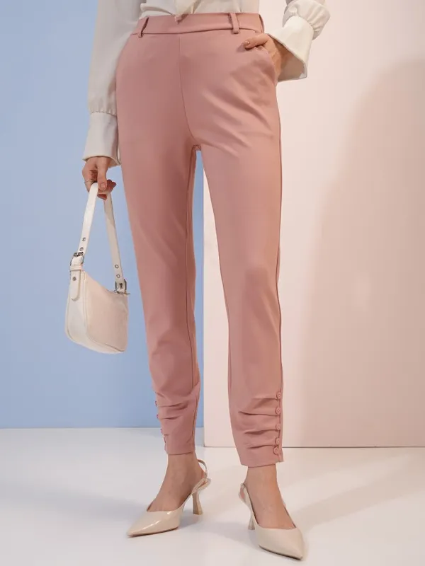 Tokyo Talkies Women Pink Solid Straight Fit Casual Trouser