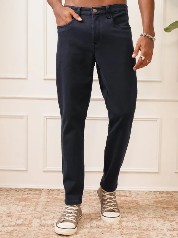  Locomotive Men Navy Blue Regular Fit Solid Casual Trousers