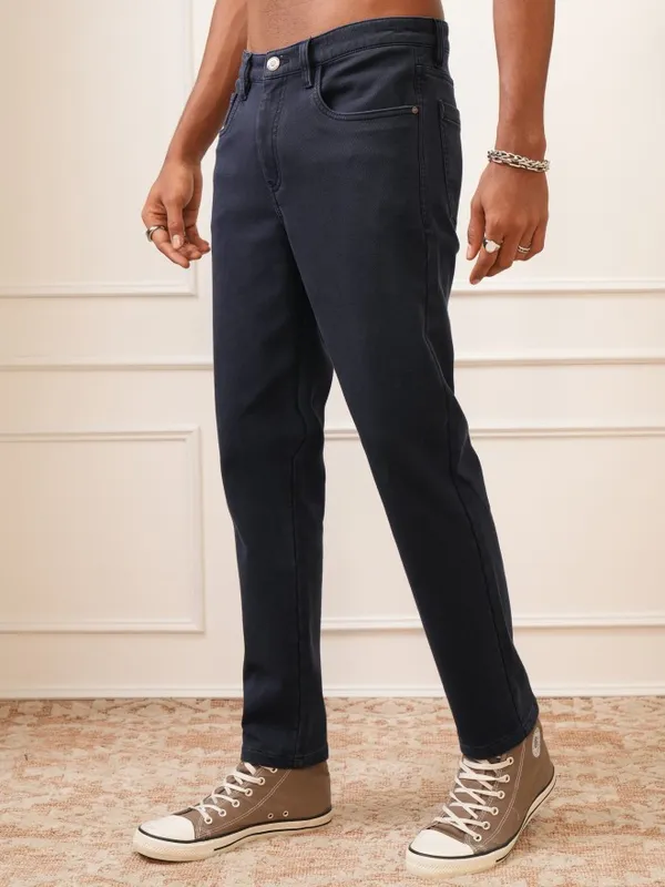  Locomotive Men Navy Blue Regular Fit Solid Casual Trousers