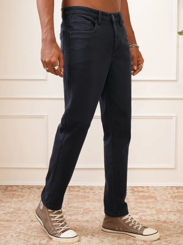  Locomotive Men Navy Blue Regular Fit Solid Casual Trousers