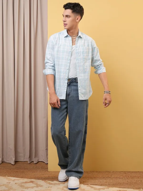 Locomotive Premium Men White & Blue Checked Relaxed Shirt