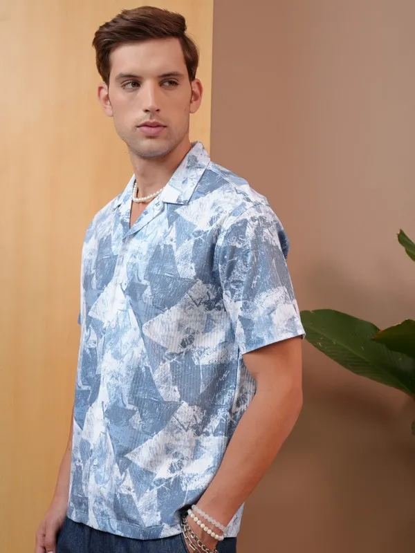  Locomotive Men Blue Printed Regular Fit Casual Shirts