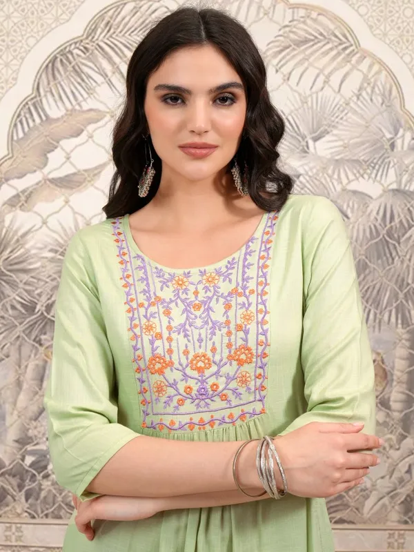 Vishudh Women Green Embroidered A-Line Dress