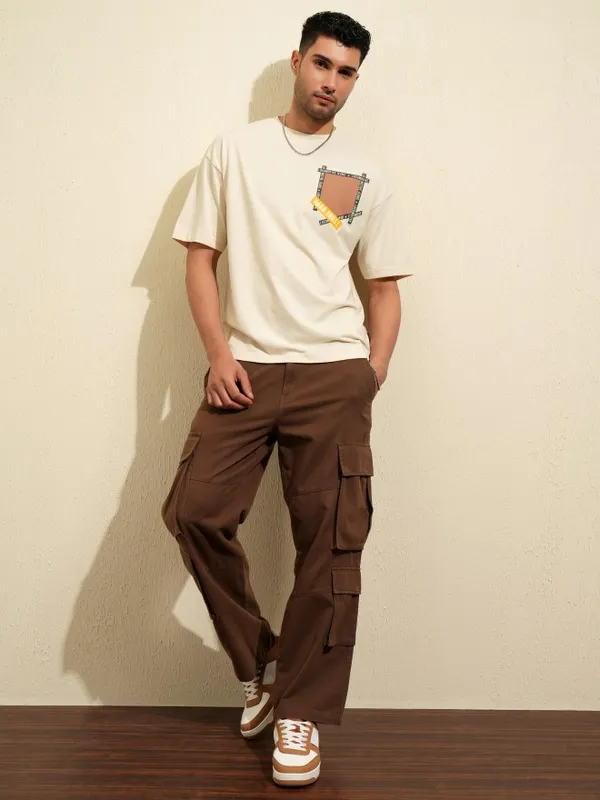 Locomotive Men Cream Printed Round Neck Oversized Fit T-Shirt