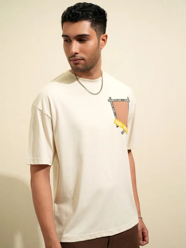 Locomotive Men Cream Printed Round Neck Oversized Fit T-Shirt