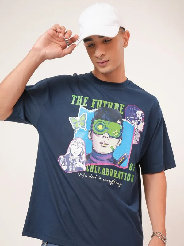 Highlander Men Navy Blue Printed Oversized Fit Round Neck T-Shirt
