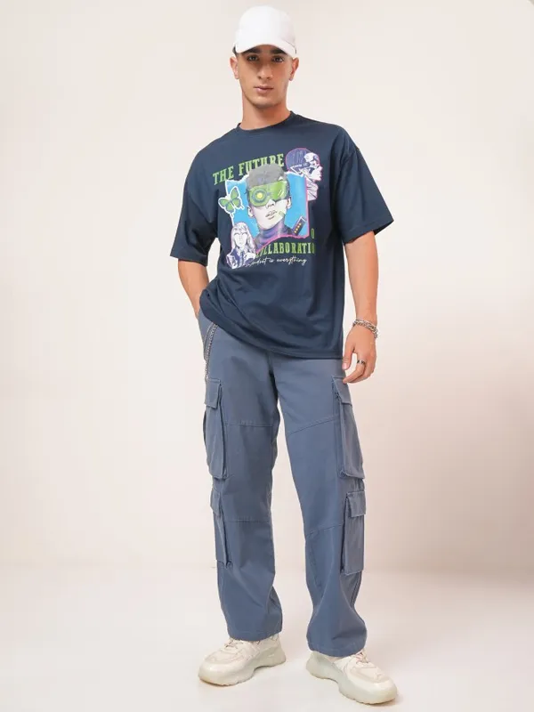 Highlander Men Navy Blue Printed Oversized Fit Round Neck T-Shirt