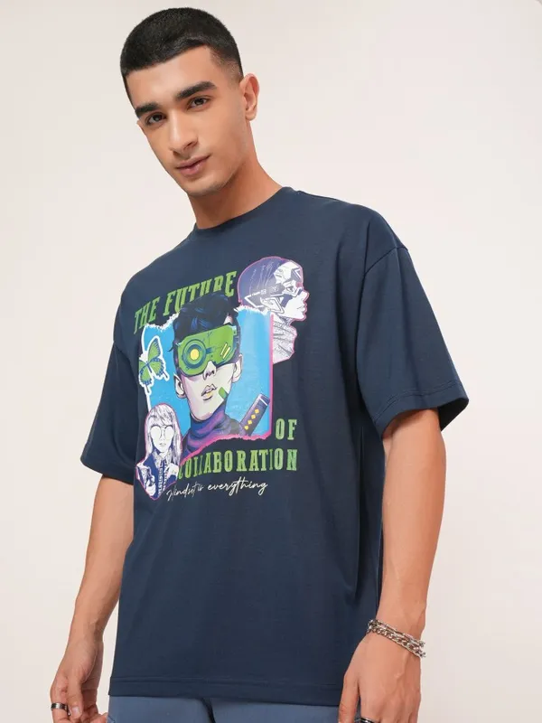 Highlander Men Navy Blue Printed Oversized Fit Round Neck T-Shirt